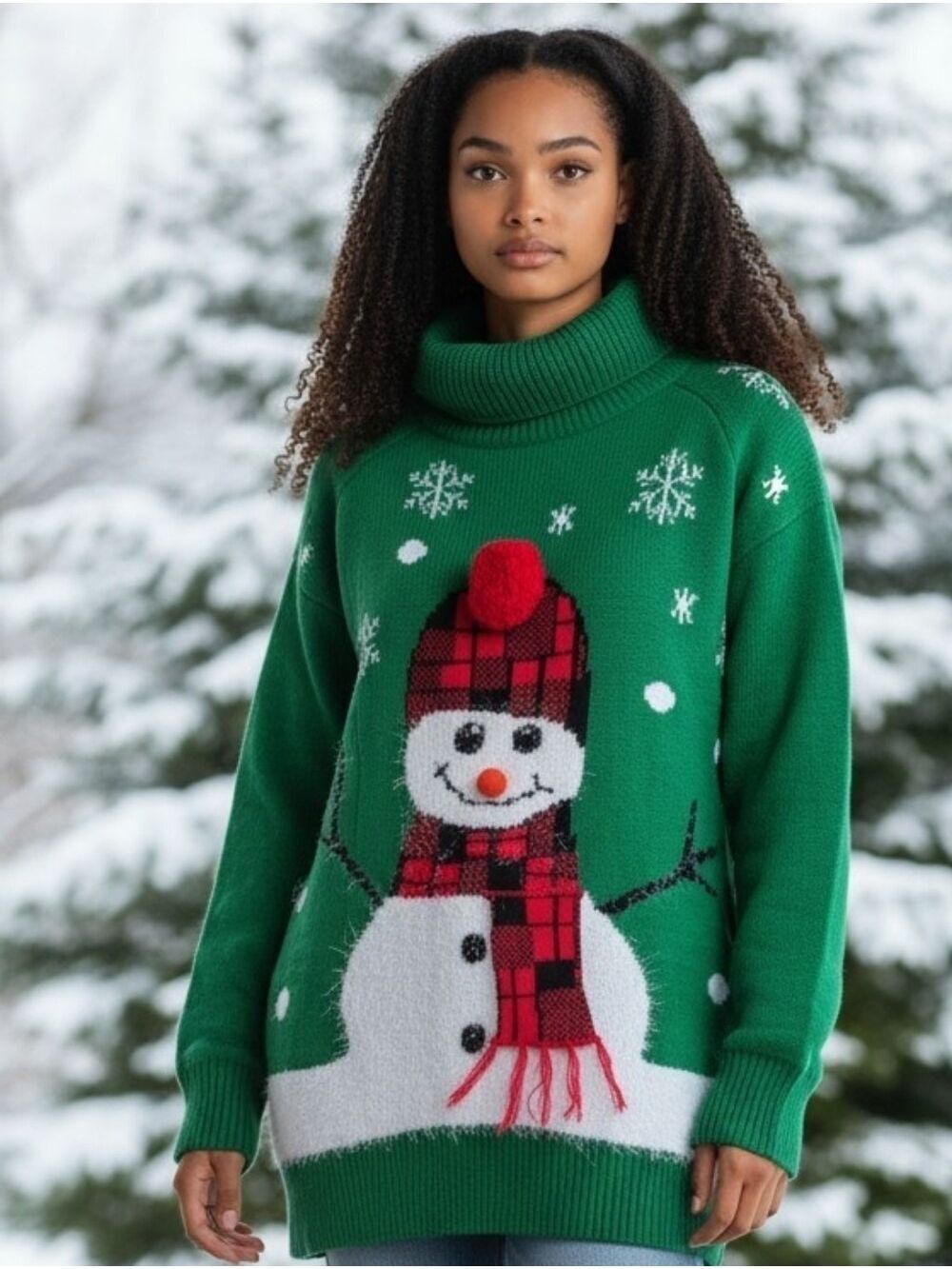Snowman Long Turtleneck Sweater Green #SW3